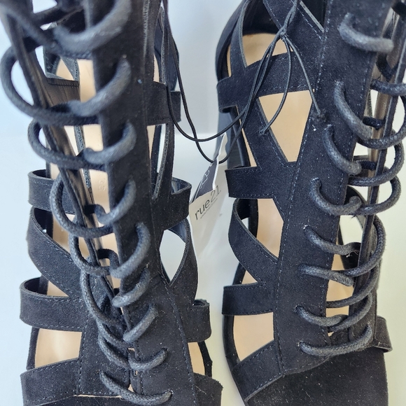 Rue 21 Peep Toe Lace Up Booties Black Back Zipper Block Heel Sexy Cute Size 9 - Picture 6 of 12